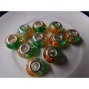 Orange Green Crackle Large Hole Beads